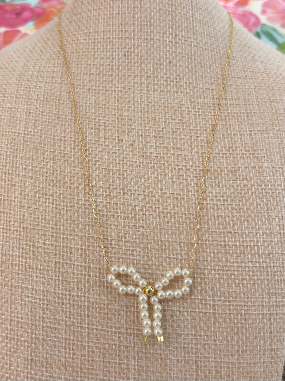 NEW Gold plated over 925 sterling silver Gold Pearl Bow Pendant Necklace